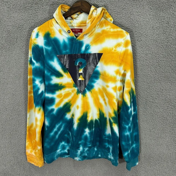 Guess Sweatshirt Mens Medium Blue Yellow Tie Dye Pullover Hoodie Gorpcore Skater - Picture 1 of 8
